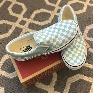 Kids Vans, classic teal and white checkered, slip-on size 2.5